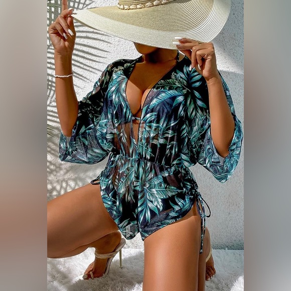3 Piece Swimsuit Leaf Print Halter Drawstring Side Bikini Set with Cover Up - Picture 2 of 12